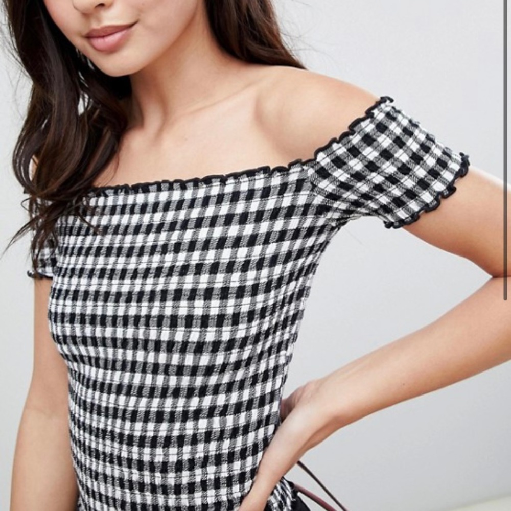 Checked Smocked Off The Shoulder Top